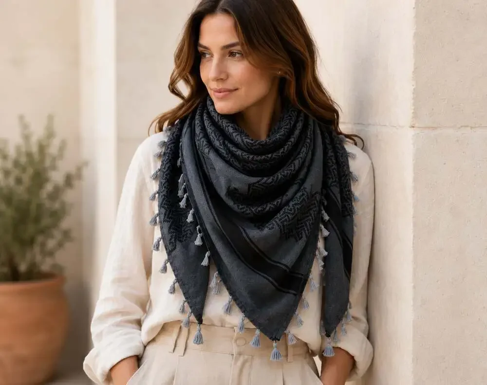 Shemagh Keffiyeh Made in Palestine  Gray & Black delicately woven